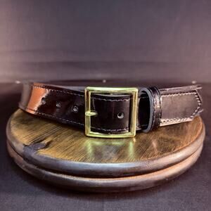 Galls 157 Trouser Belt Size 28" Stitched Leather Hi-Gloss Black Brass Buckle